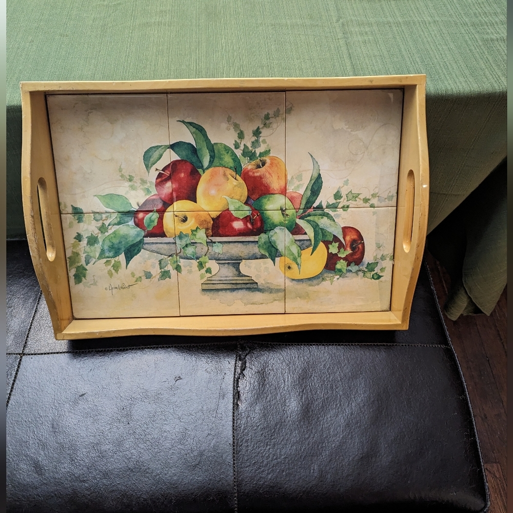 Vintage Wood Tray with art tile top by California artist Annie LaPoint